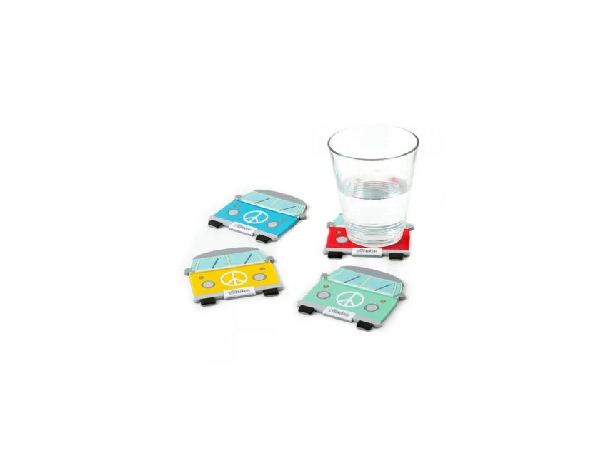 Coaster set van 4 glas onderlegger onderzetter pvc plastic vw busje volkswagen van kleurrijk