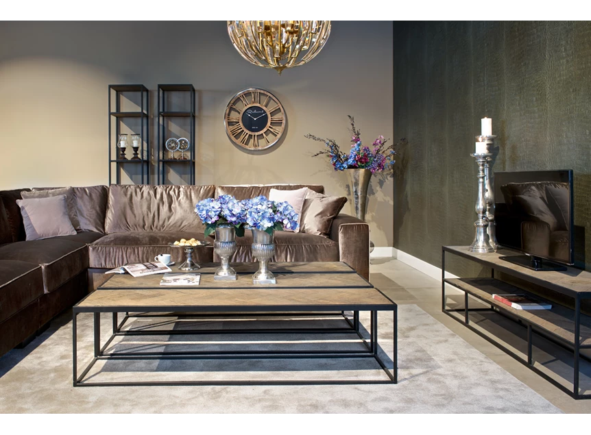 Herringbone zwart design richmond interiors tafelblad visgraat motief onderstel ijzer industrieel oude eik