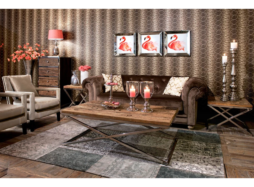 Kensington salontafel modern landelijk interieur gerecycleerd hout richmond interiors stalen rvs kruispoot