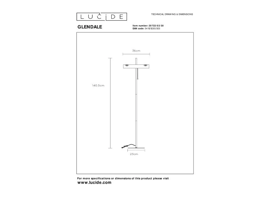 20722-02-30 glendale vloerlamp lucide retro zwart metaal koordje technische tekening