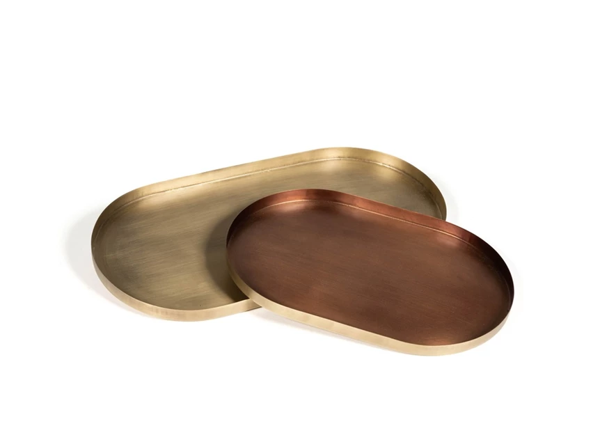 TH1352 Set of 2 trays_ big in brass antq-small brass antq outside and copper inside - 30 x 19