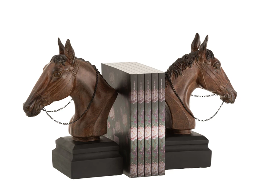 Set van 2 boekensteun paarden- poly- bruin- met boeken