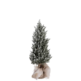 Kerstboom+led+jute pot- plastiek- besneeuwd- groen M- vooraanzicht