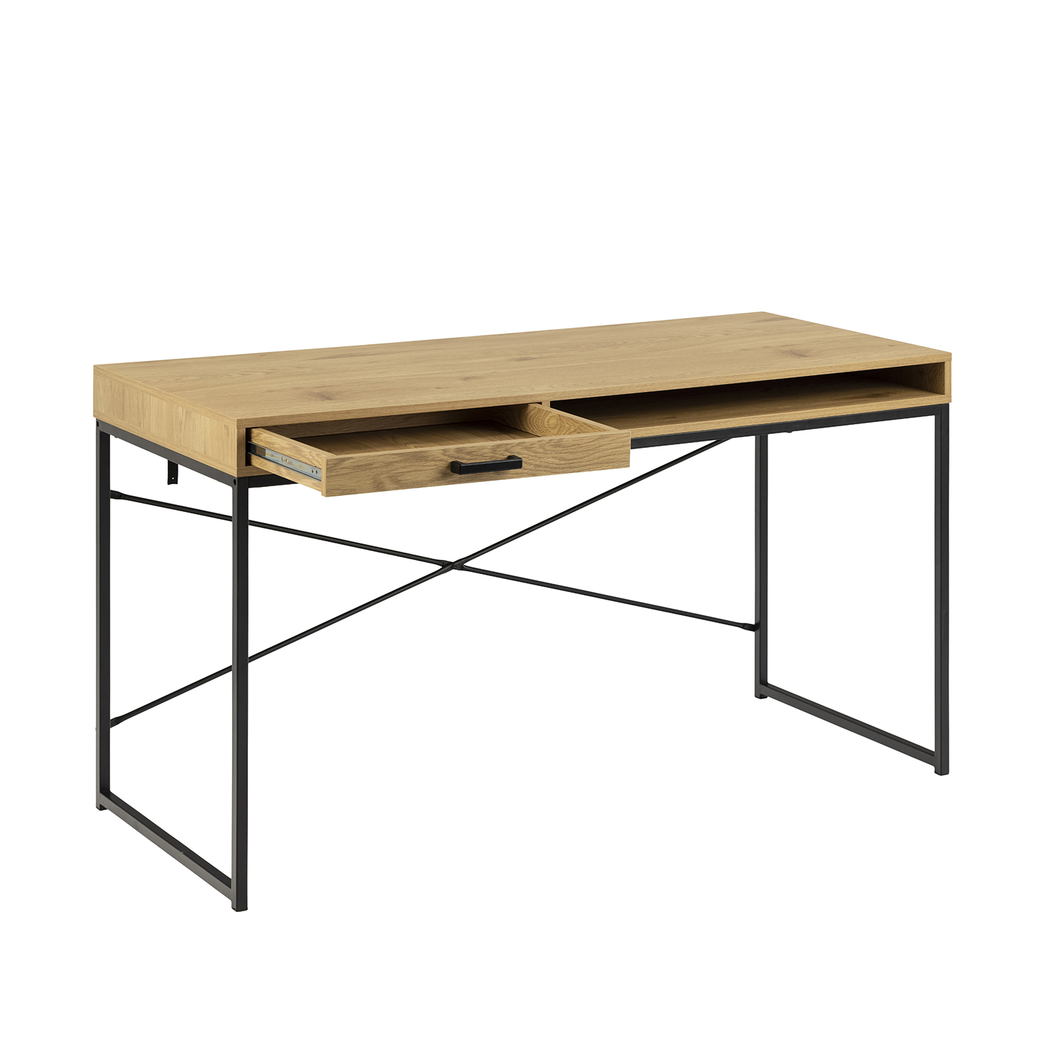 AKORD Piksel Bureau klein met schuifladen, bureautafel, computertafel, bureautafel met toetsenbordplank, lade en vak met deur, houten decoratie, 90 x 77 x 50 cm (b x h x d), 30 kg, kast rechts