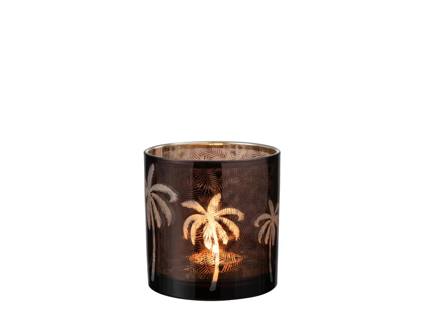 Windlicht palmboom- glas- bruin- large- 21804