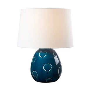 1G121.139 blauwe keramieken voet witte cirkels l'oca nera tafellamp witte stoffen kap italiaans design