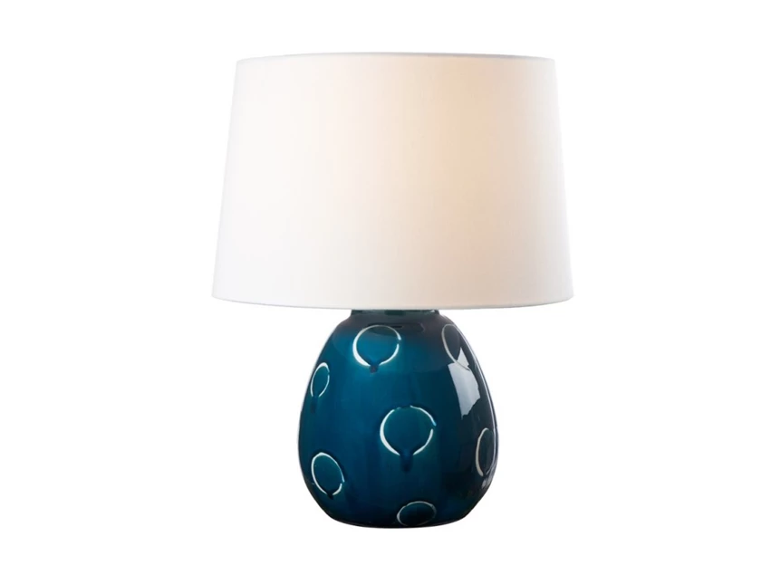 1G121.139 blauwe keramieken voet witte cirkels l'oca nera tafellamp witte stoffen kap italiaans design