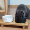 Voerbak huisdieren- Komeki- bamboe/keramiek- met kat