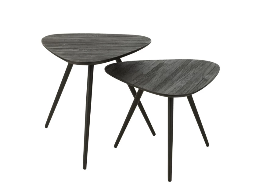 set van 2 tafels- driehoek- gerecycleerde teak- zwart- (50x50x50cm)