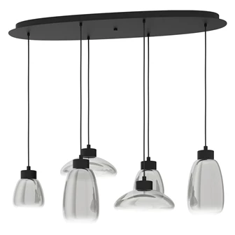 39894 sarnarra verlichting hanglamp zwart gestoomd glas transparant staal pendel 6 lampen LED dimbaar eglo