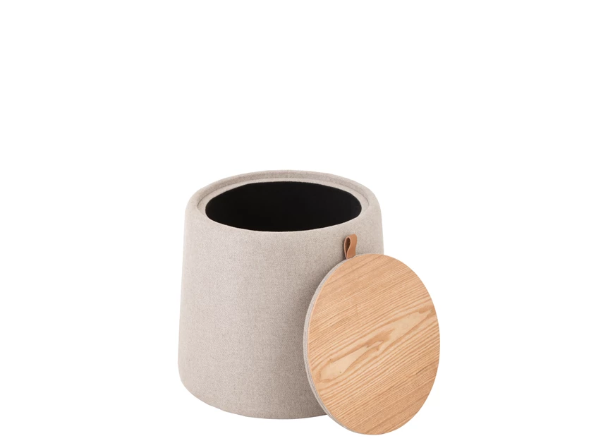 poef/bijzettafel- rond- textiel/hout- beige- Ø43.5x42.5cm- open binnekant